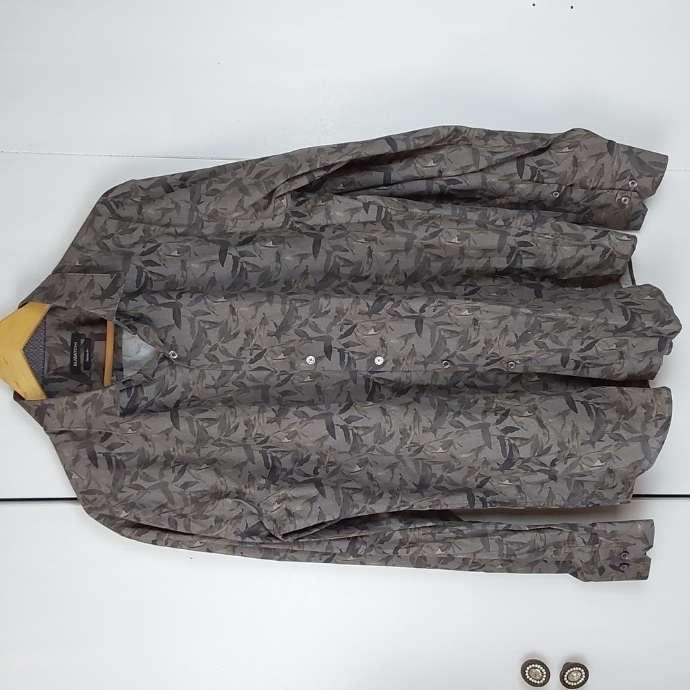 Bugatchi Mens Neutral Leaf Print Button down Dress Shirt Camo  Sz.Large